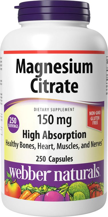 Webber Naturals Magnesium Citrate, 150 mg Per Capsule, 250 Capsules, High Absorption, Helps Support Bones, Teeth and Proper Muscle & Heart Function,