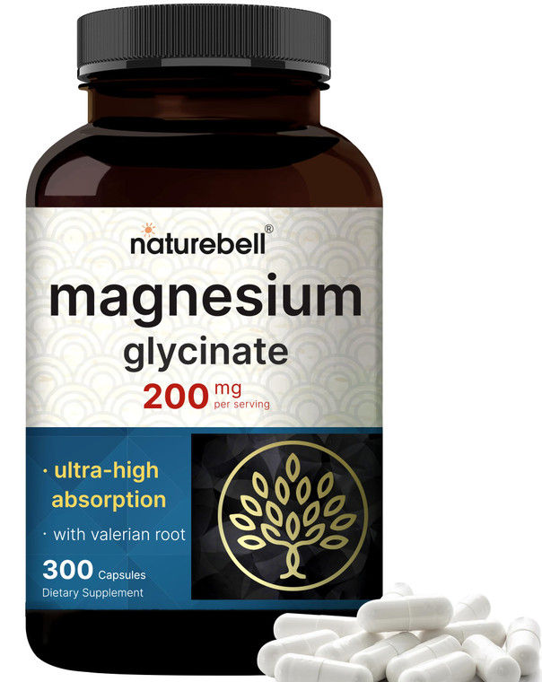Pure Magnesium Glycinate for Sleep, 200mg with Valerian Root, 300 Capsules | 100% Chelated & Purified Mineral Supplement  Ultra High Absorption  No