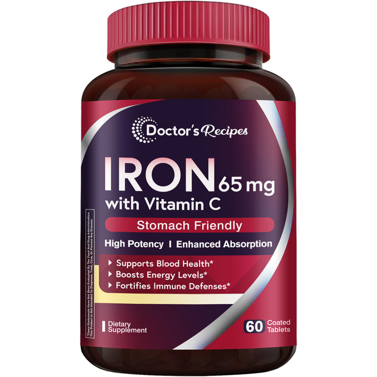 Doctor's Recipes Iron Supplement 65 mg with Vitamin C - Maximized Absorption & Stomach Friendly Iron Pills for Red Blood Cells Formation, Heart, Brai