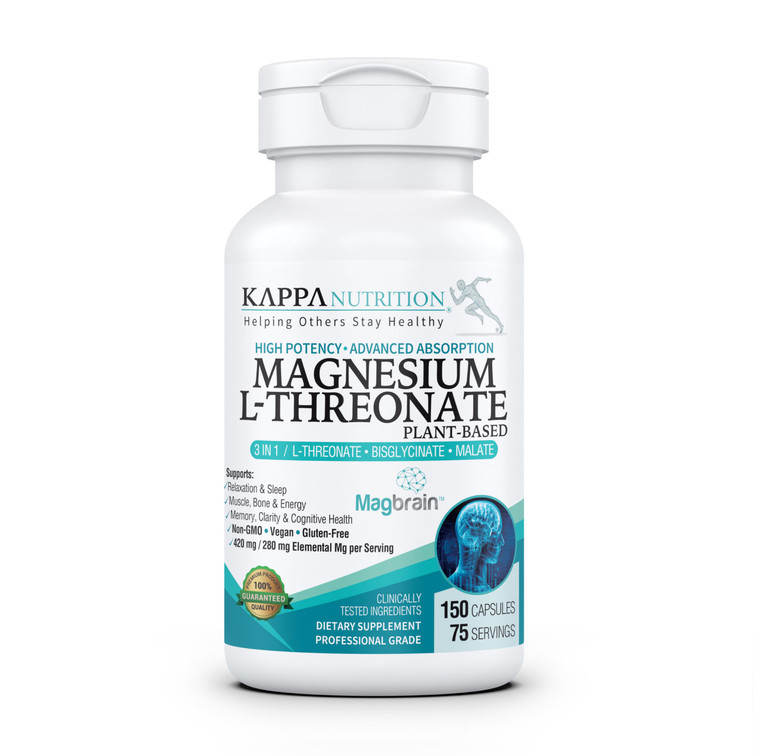 Kappa Nutrition Powered by Magbrain Magnesium L-Threonate Plant-Based, 150 Vegan Capsules, 420mg Elemental Magnesium (3 Capsules) from 2,253mg, Brai