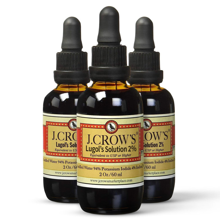 J.CROW'S® Lugol's Solution of Iodine 2% 2 oz (3 Bottles)  Premium Iodine & Potassium Iodide Liquid, Gluten &, Alcohol-Free Natural Brine Extract, No