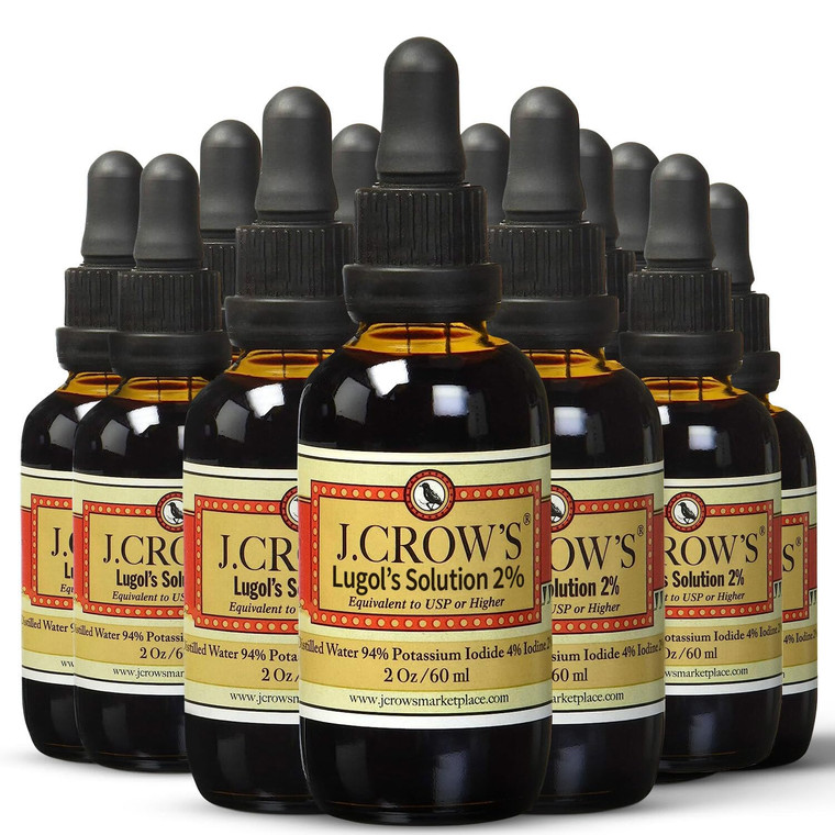 J.CROW'S® Lugol's Solution of Iodine 2% 2 oz (12 Bottles)  Premium Iodine & Potassium Iodide Liquid, Gluten &, Alcohol-Free Natural Brine Extract, N