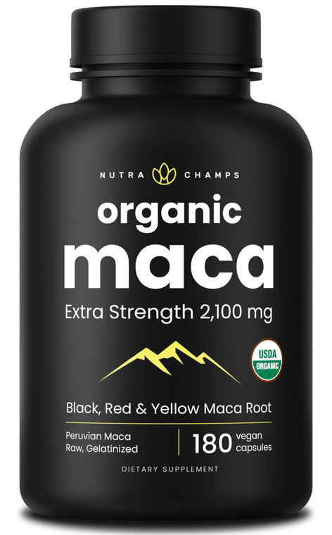 NutraChamps USDA Organic Maca Root Capsules for Women & Men, 2100mg, 180 Capsules, Black, Red & Yellow, Peruvian Maca Peruana, Extra Strength Pure Pr