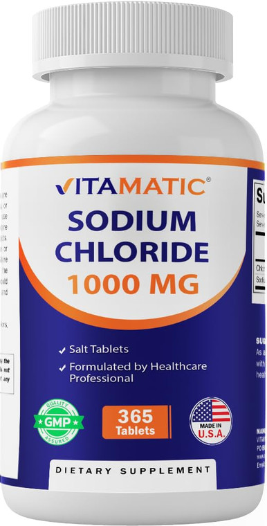 Vitamatic Sodium Chloride 1000mg  365 Tablets Electrolyte Replenisher & Hydration Support  Non-GMO, Gluten-Free