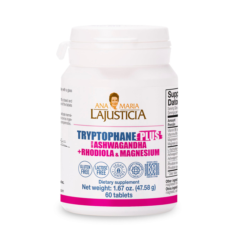 Ana María Lajusticia TRYPTOPHANE Plus ASHWAGANDHA Supplement + RHODIOLA & Magnesium 60 TABS, Vegan, Gluten Free, Kosher, Halal, Lactose Free, 600 mg,