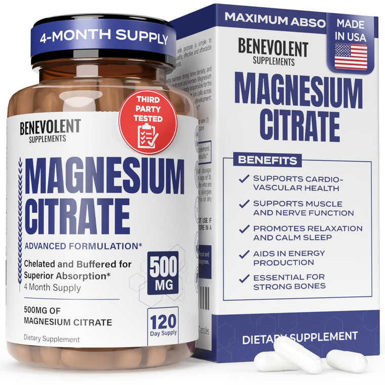 Benevolent Premium Magnesium Citrate 500mg Capsules (Citrato de Magnesio)  High Absorption Chelated & Buffered Formula for Digestion, Bone, Muscle &