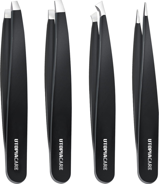 Utopia Care - Professional Stainless Steel Tweezers Set (4-Piece)  Precision Tweezers for Ingrown Hair, Facial Hair, Splinter, Blackhead and Tick Re