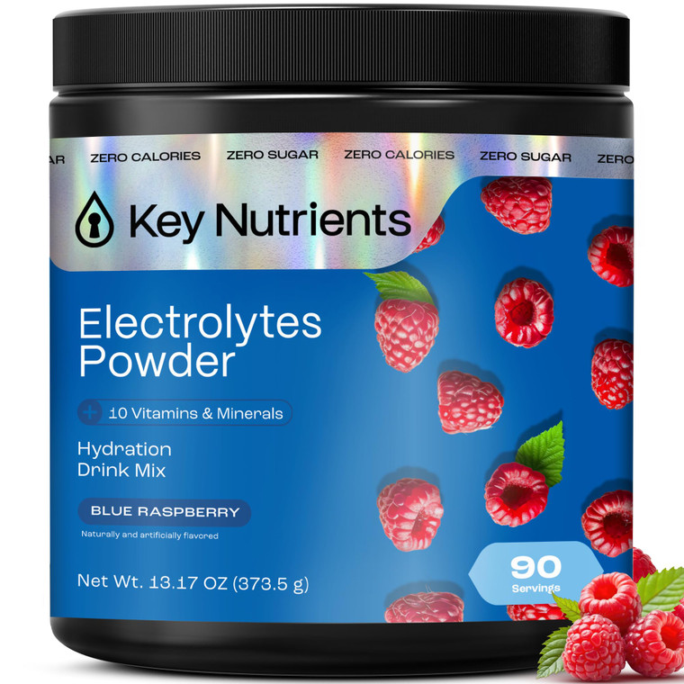 KEY NUTRIENTS Multivitamin Electrolytes Powder No Sugar - Sweet Blue Raspberry Electrolyte Powder - Endurance & Energy Supplement - Hydration Powder