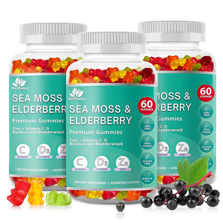 BIO VITALICA Sea Moss Gummies Elderberry BioVitalica - Vitamin C D + Zinc - Irish Seamoss Vegan Gummy with Sea Moss Gel & Powder for Immunity, Detox