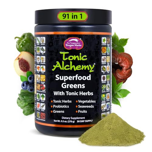 Dragon Herbs Tonic Alchemy Superfood Greens Powder with 91 Ingredients: Tonic Herbs, Ashwagandha, Mushrooms, Probiotics, Super Greens, Seaweeds, Frui