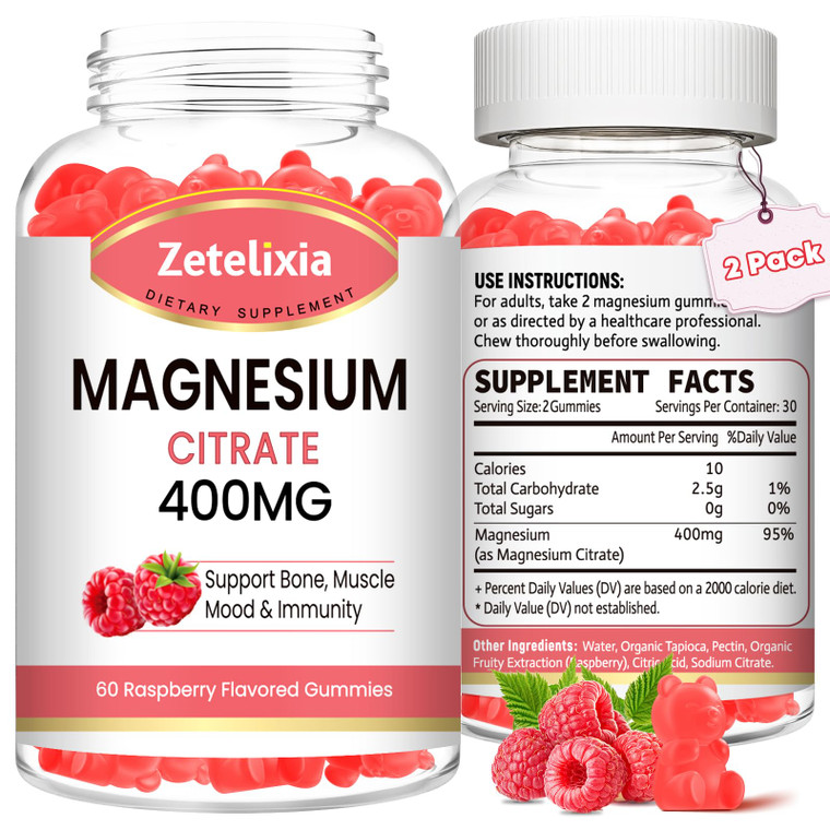2 Pack Magnesium Citrate Gummies 400MG, High Absorption Magnesium Gummies for Adults, Muscle & Teeth Support, Vegan 120 Cts