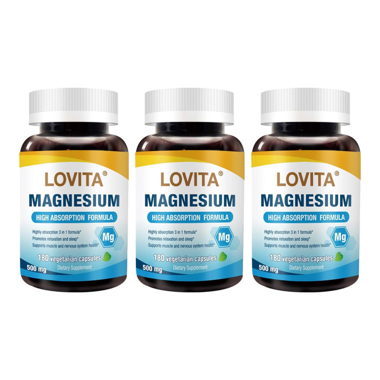 Lovita Triple Magnesium Complex 500mg, High Absorption and Potency Formula, Glycinate, Citrate & Oxide, Support Sleep, Relaxation, Heart, Nerves & Bo