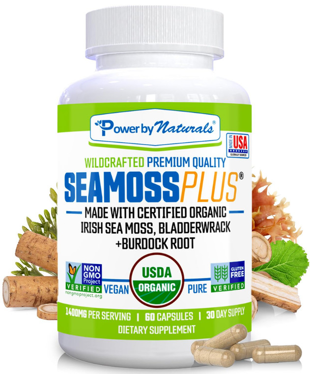 Power By Naturals SeaMoss Plus - USDA Organic Irish Sea Moss Capsules w/Wild Harvested Irish Seamoss, Bladderwrack & Burdock Root Immunity Supplement