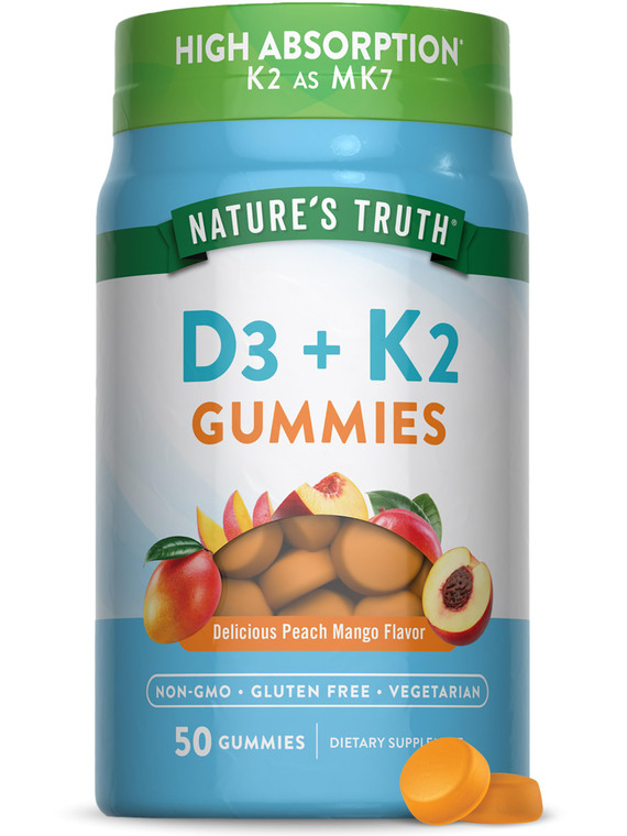 Nature's Truth Vitamin D3 + K2 Gummies | 50 Count | Peach Mango Flavor | Vegetarian, Non-GMO & Gluten Free Supplement