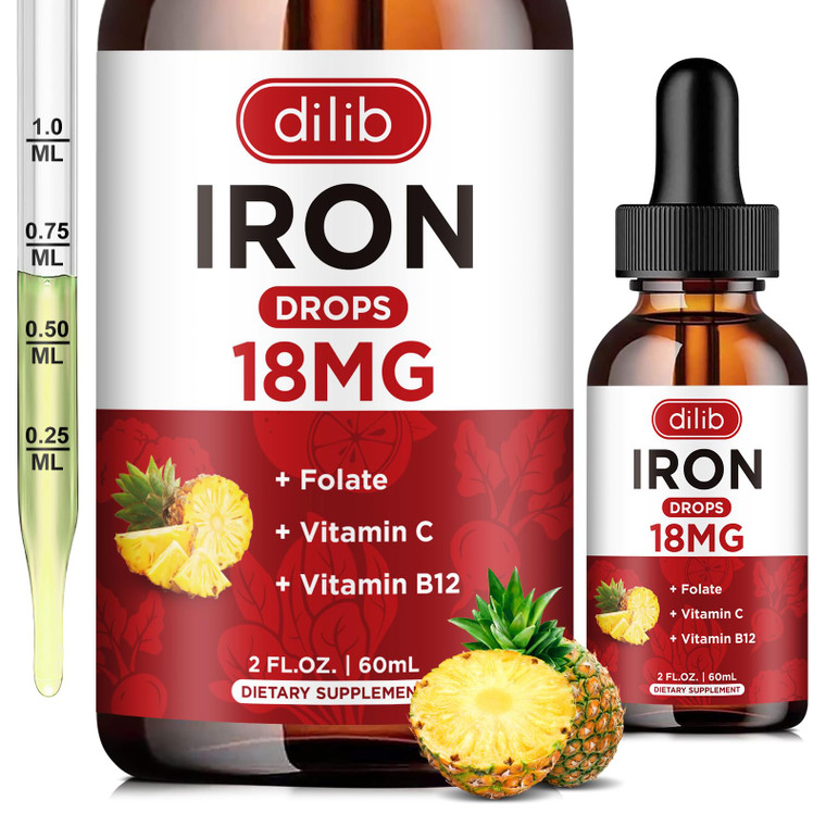 Liquid Iron Supplement for Women & Men Iron Drops Iron Supplements for Anemia with Folate, Vitamin C, B12 for Red Blood Cell Support-Pineapple Flavor
