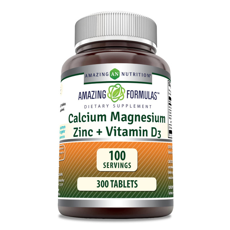Amazing Formulas Calcium Magnesium Zinc D3 - 300 Tablets Per Bottle Supplement (Calcium 1000mg - Magnesium 400mg - Zinc 25mg Plus Vitamin D3 600 IU -