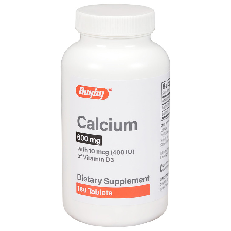 Rugby 600mg Calcium Tablets - Made with 10mcg (400IU) of Vitamin D3 - Dietary Supplement - 180 Count (1 Pack)