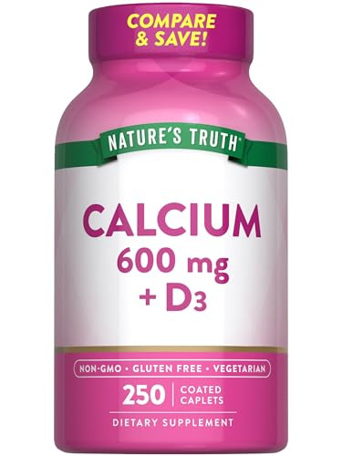 Nature's Truth Calcium 600mg with Vitamin D3 | 250 Caplets | Calcium Carbonate | Vegetarian, Non-GMO & Gluten Free Supplement