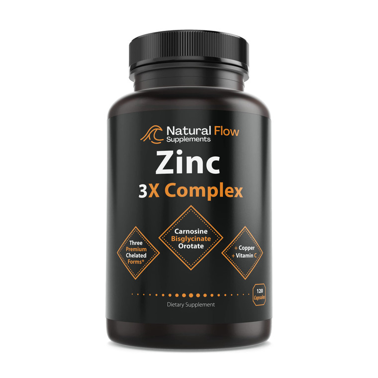 Zinc Supplement Complex with Copper and Vitamin C - Natural Flow 3X Zinc Carnosine, Bisglycinate Chelate, and Orotate, Chelated Copper, Easy on The S