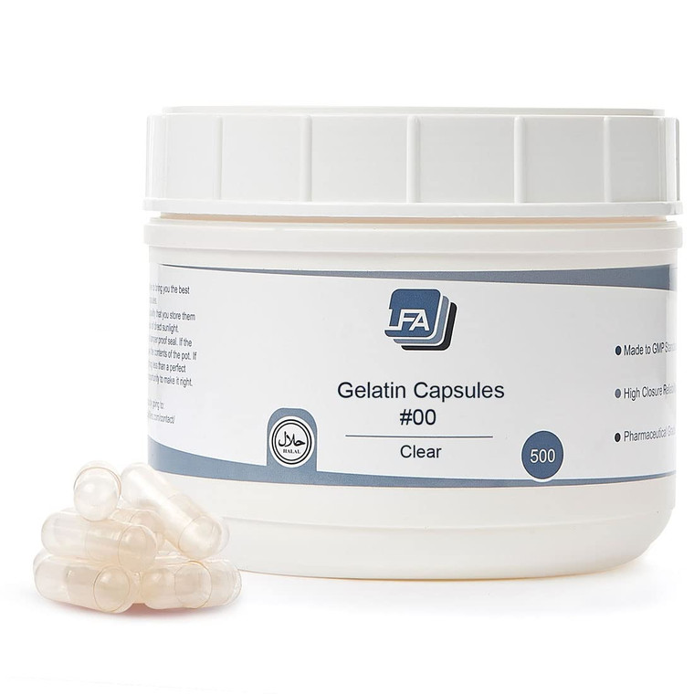 Size 00 Empty Capsules - Clear Gelatin - 500 Count Jar - Fits Capsule Machine Filling Tray - Joined Beef Gel Caps Easy Snap for DIY Powder Supplement