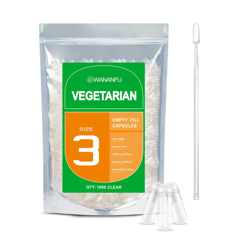 wananfu Size 3 Empty Capsules Vegetarian (500 Count) Bundle with 2 Micro Lab Spoons, Clear Fillable Veggie Pill Capsules Size 3 for Making Your Own S