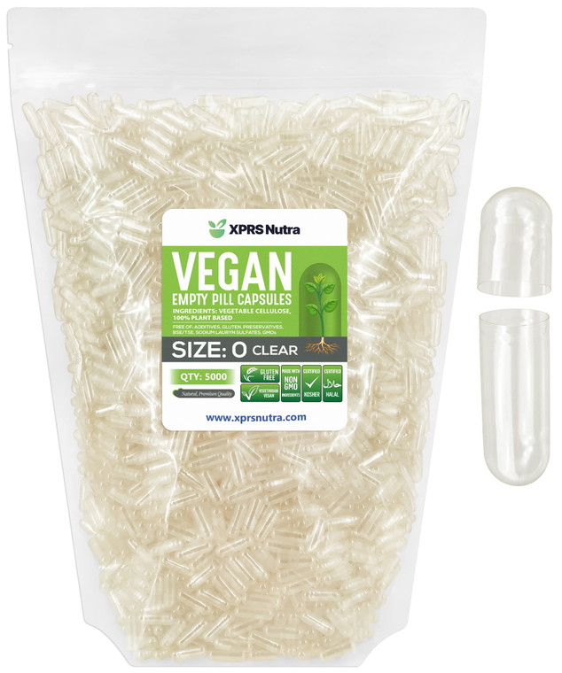 XPRS Nutra Size 0 Empty Capsules - 5000 Count Clear Empty Vegan Capsules - Vegetarian Pills - DIY Vegetable Capsule Filling - Veggie Pill Caps for Do