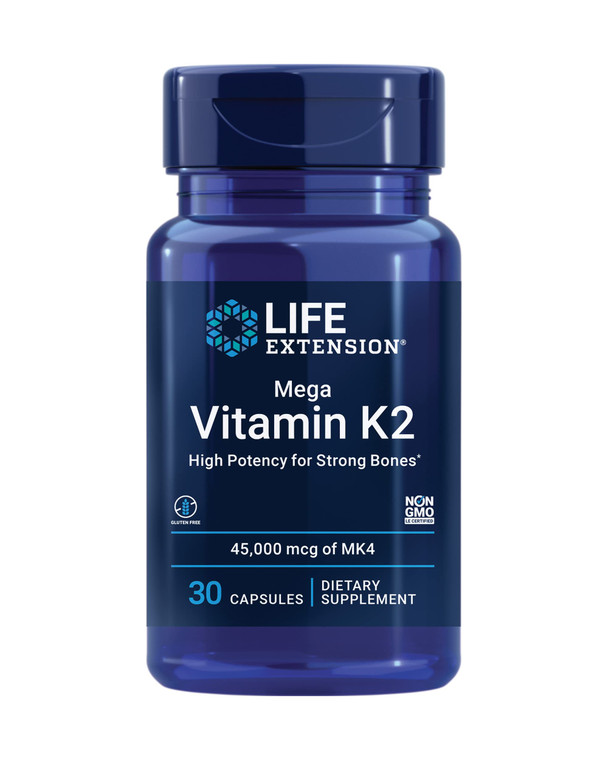 Life Extension Mega Vitamin K2 High Potency for Strong Bones, clinically studied 45 mg K2 dosage, promotes healthy bone density, gluten-free, non-GMO