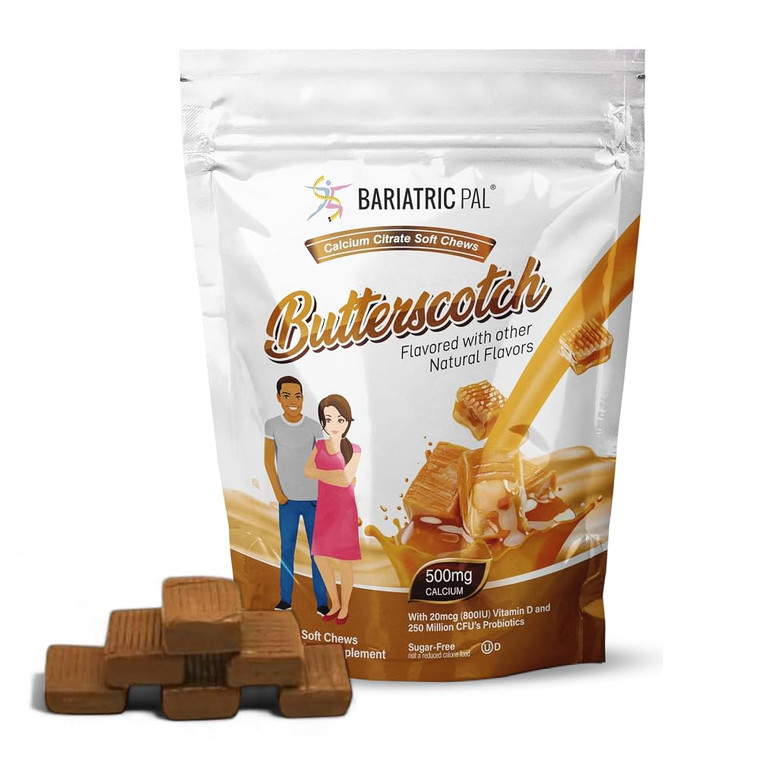 BariatricPal Sugar-Free Calcium Citrate Soft Chews | 500mg with Vitamin D & Probiotics | Butterscotch | 90 Count (1 Month Supply)