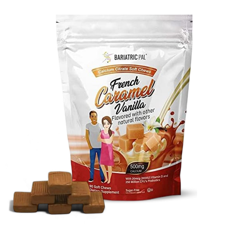BariatricPal Sugar-Free Calcium Citrate Soft Chews | 500mg with Vitamin D & Probiotics | French Caramel Vanilla | 90 Count (1 Month Supply)