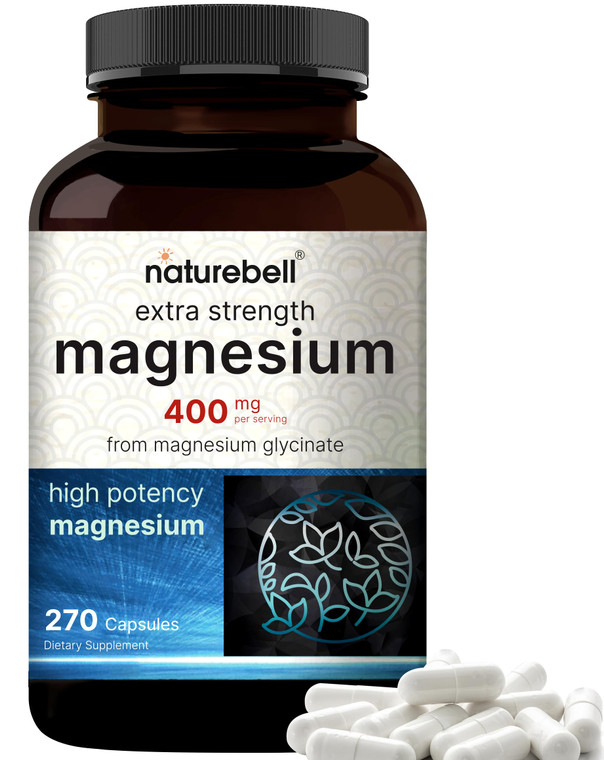 NatureBell Magnesium Glycinate 400mg Elemental, 270 Capsules | 100% Chelated for High Absorption | Supports Muscle, Bone & Heart Health | Non-GMO, Gl