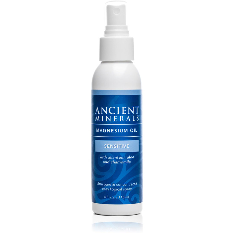 Ancient Minerals Magnesium Oil Spray Sensitive All-New Sensitive Formula with Allantoin, Organic Chamomile, and Organic Aloe Vera (4oz)
