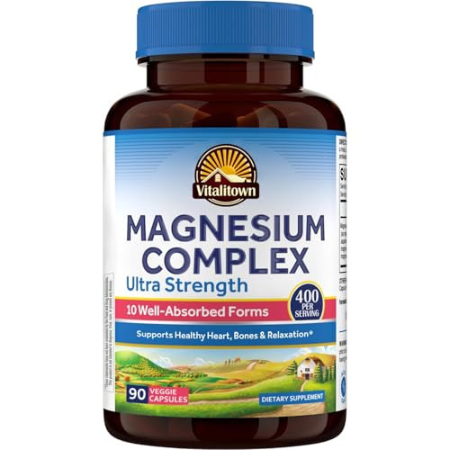 Vitalitown 10 in 1 Magnesium Complex Supplement - 400mg Elemental Magnesium Chelated with Glycinate, Citrate, Malate, Taurate & More - for Sleep Hear
