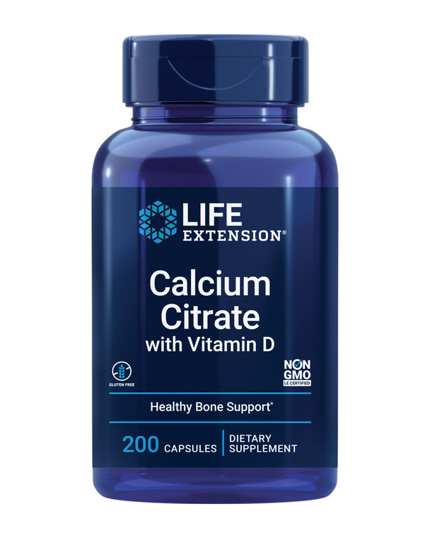 Life Extension Calcium Citrate with Vitamin D, Super-absorbable Calcium to Support Optimal Bone Health, Gluten-Free, Non-GMO, 200 Capsules