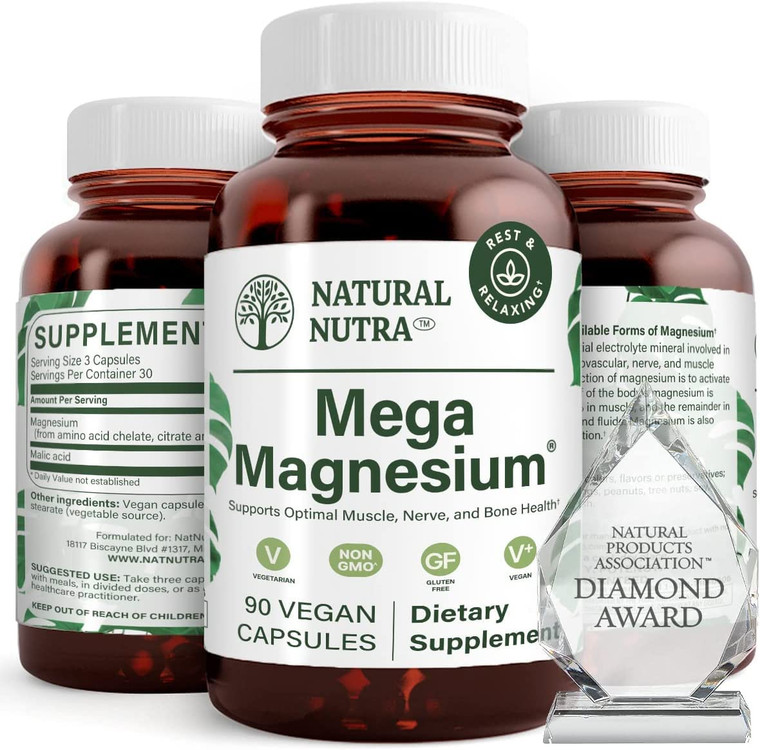 Natural Nutra Mega Magnesium 400mg Supplement - High Absorption Amino Acid Chelate, Citrate, Malate Blend for Muscle Growth, Bone Strength, Heart Hea