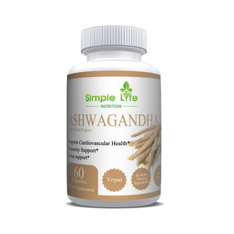 Simple Life Nutrition Organic Ashwagandha - Max Strength 1300MG Vegan Capsules - 100% Pure Non GMO Root Powder with Natural Black Pepper 60CT