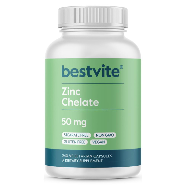 BESTVITE Zinc Chelate 50mg (240 Vegetarian Capsules) - No Stearates - No Dicalcium Phosphate - Vegan - Non GMO - Gluten Free