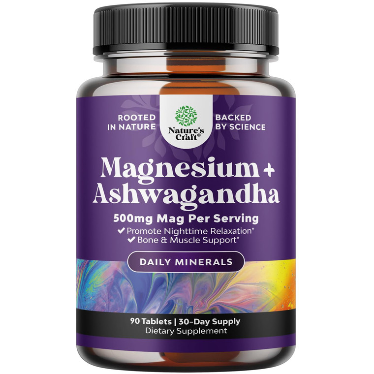 Pure Calm Relaxing Magnesium Glycinate Supplement with Ashwagandha - Magnesium for Stress Support & Rest Ease for Adults - High Absorption Tablets fo