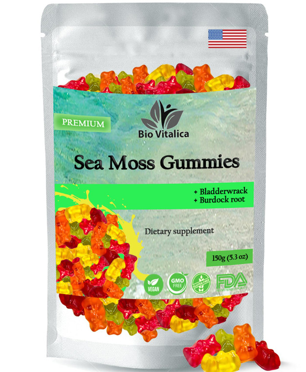 Sea Moss Gummies - Irish sea Moss raw Organic, Bladderwrack, Burdock Root. Contains Sea Moss Gel and Powder. Superfoods for Vegan, Keto and Dr Sebi D