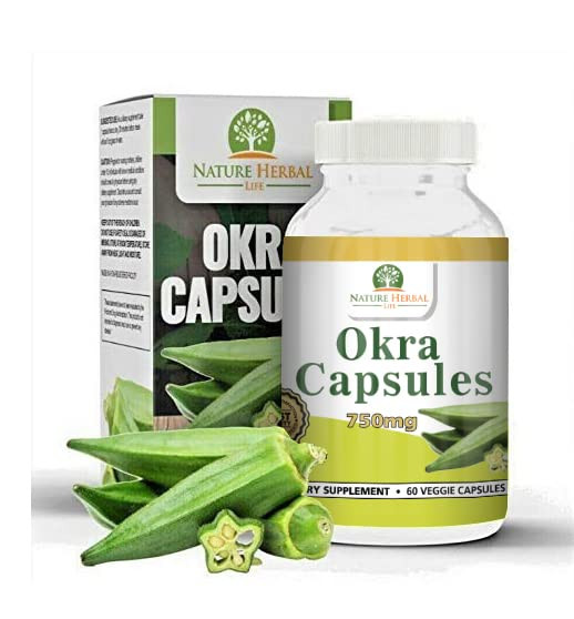 Natural Okra Capsules 750 mg. One Bottle. 60 Vegetarian Capsules. Okra (Abelmoschus esculentus)