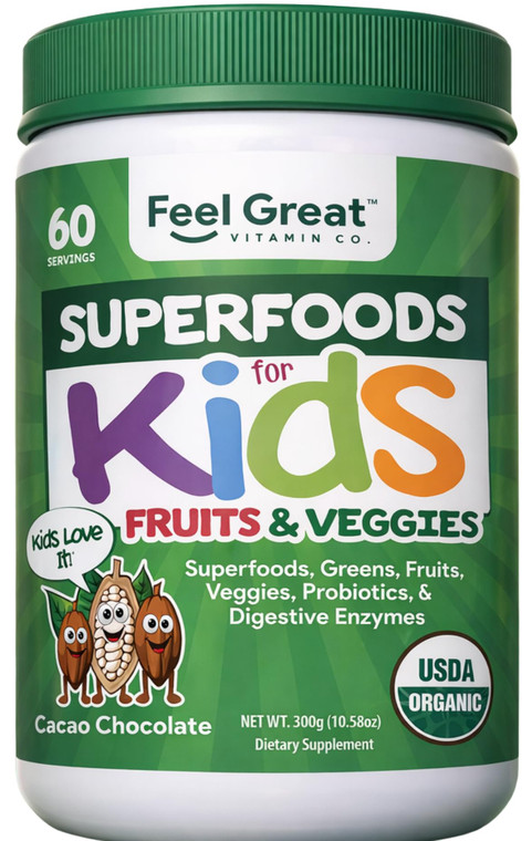 Feel Great USDA Organic Super Greens Powder for Kids - Cocao Chocolate | Fruit & Veggie Supplement | Superfood Powder with Probiotics & Digestive Enz