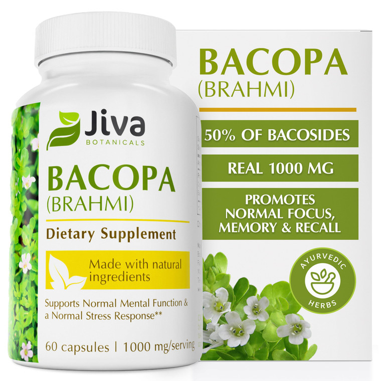 Jiva Botanicals Bacopa Monnieri Supplement Pure 1000mg per Serving - High Potency Bacopa Monnieri (Brahmi) & Extract for Normal Brain, Focus, & Memor