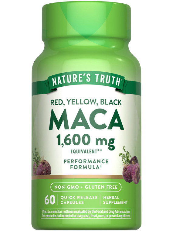 Nature's Truth Maca Root 1600 mg | 60 Quick Release Capsules | Red, Yellow, and Black | Performance Formula | Non-GMO & Gluten Free Supplement