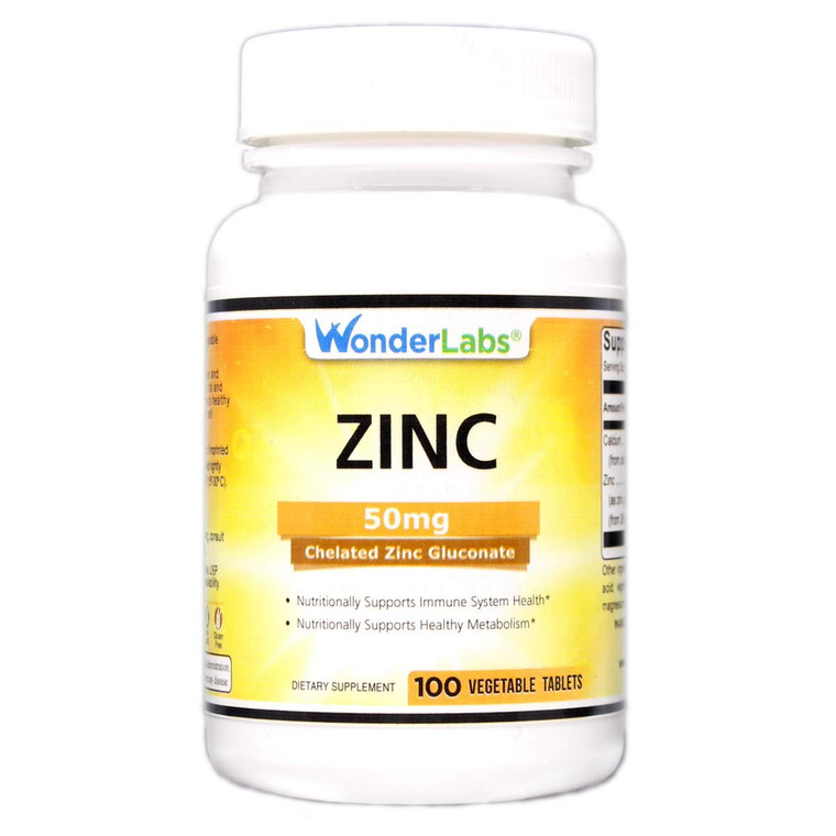 Wonder Laboratories Chelated Zinc Gluconate 50 mg - Supports Healthy Skin, Immune System, Cell Growth, and More - 100 Vegetarian Tablets