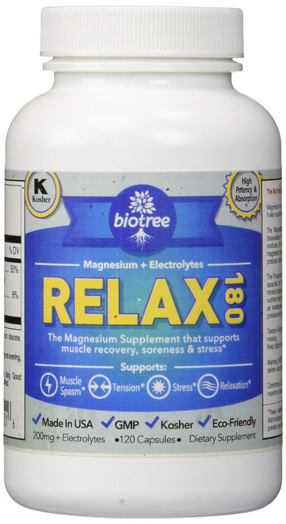 BioTree Labs Relax 180 - Pack of 120, Magnesium & Potassium Supplement with Electrolytes | Supports Muscle Pain, Spasms & Tension | 60 Days