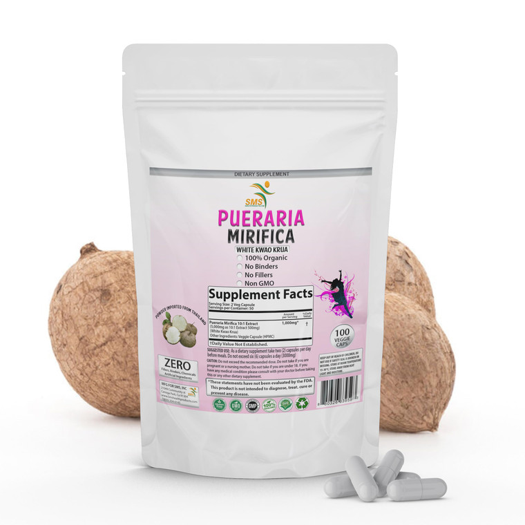 100 Caps Pueraria Mirifica White Extract Powder, 100% 10:1 Potent, Organic, 1,000mg Per Servings, Non GMO from Thailand, Premium Quality, Vegan