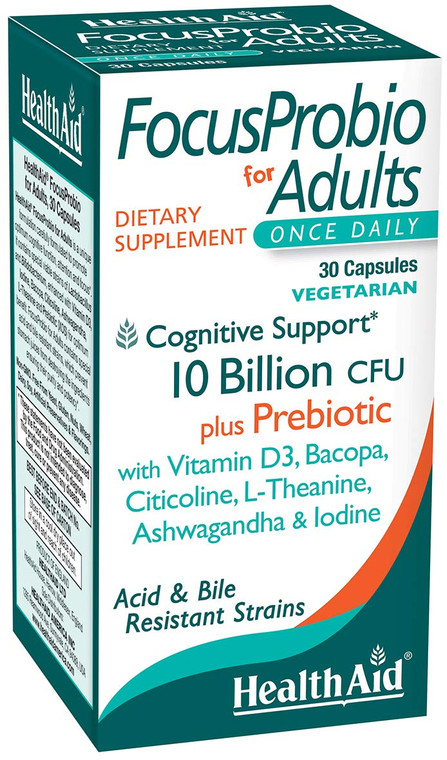 FocusProbio for Adults  10?Billion CFU Probiotic with Prebiotic, Bacopa, Citicoline, L?Theanine, Ashwagandha & Vitamin D? | Supports Focus, Mood & G