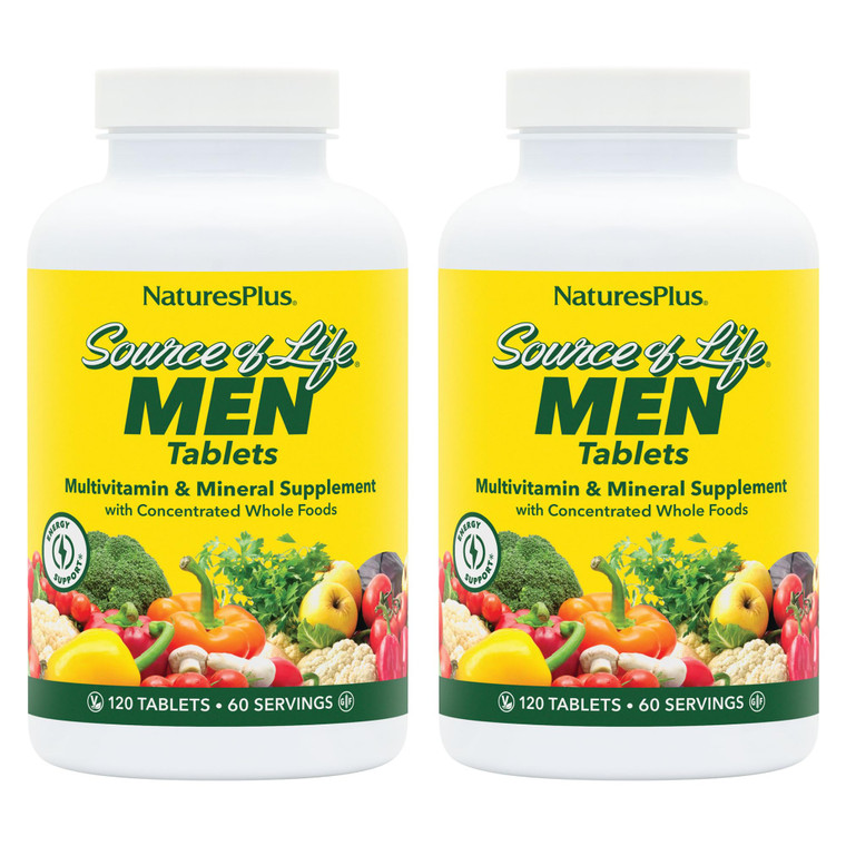 NaturesPlus Source of Life Men - 120 Tablets, Pack of 2 - Iron-Free Multivitamin & Mineral Supplement - with Saw Palmetto, Lycopene & Rhodiola - Glut