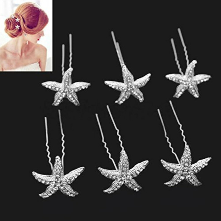 AKOAK 6 Pcs Crystal Starfish Hair Pins in Silver Tone Bridal Wedding Accessory Hairpiece