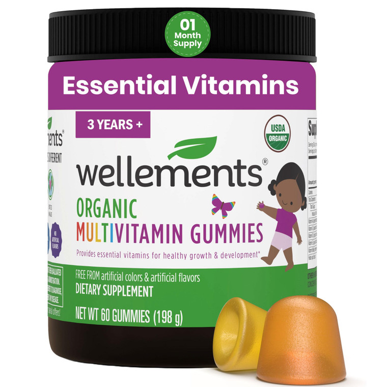 Wellements USDA Organic Kids Multivitamin Gummies 60 Ct (3+ Years) | Essential Kids Vitamins A, B, C, D, E & Zinc | Supports Healthy Growth & Develop