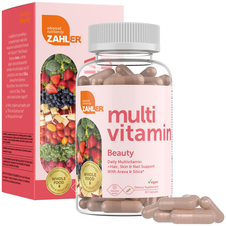 Zahler Multivitamin Beauty + Skin Hair and Nails Support, Multivitamin for Women and Men with Iron, Certified Kosher, 60 Capsules